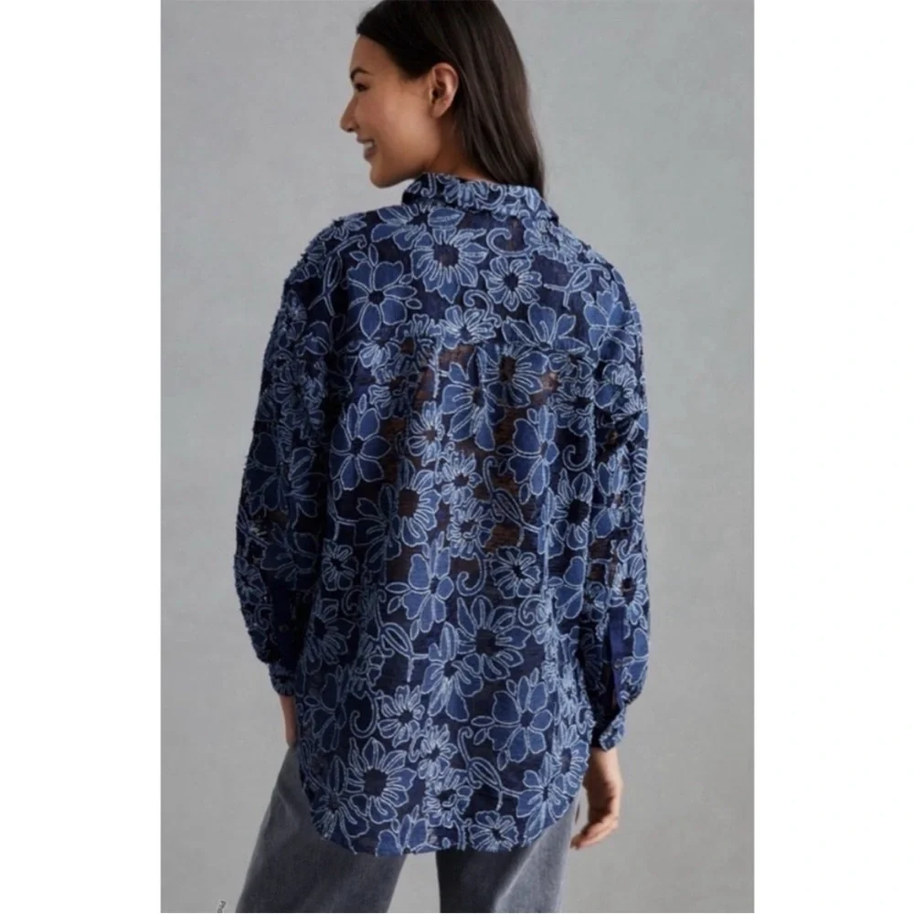 Pilcro Anthropologie Navy Blue Sheer Lace Button Down Shirt Size XS